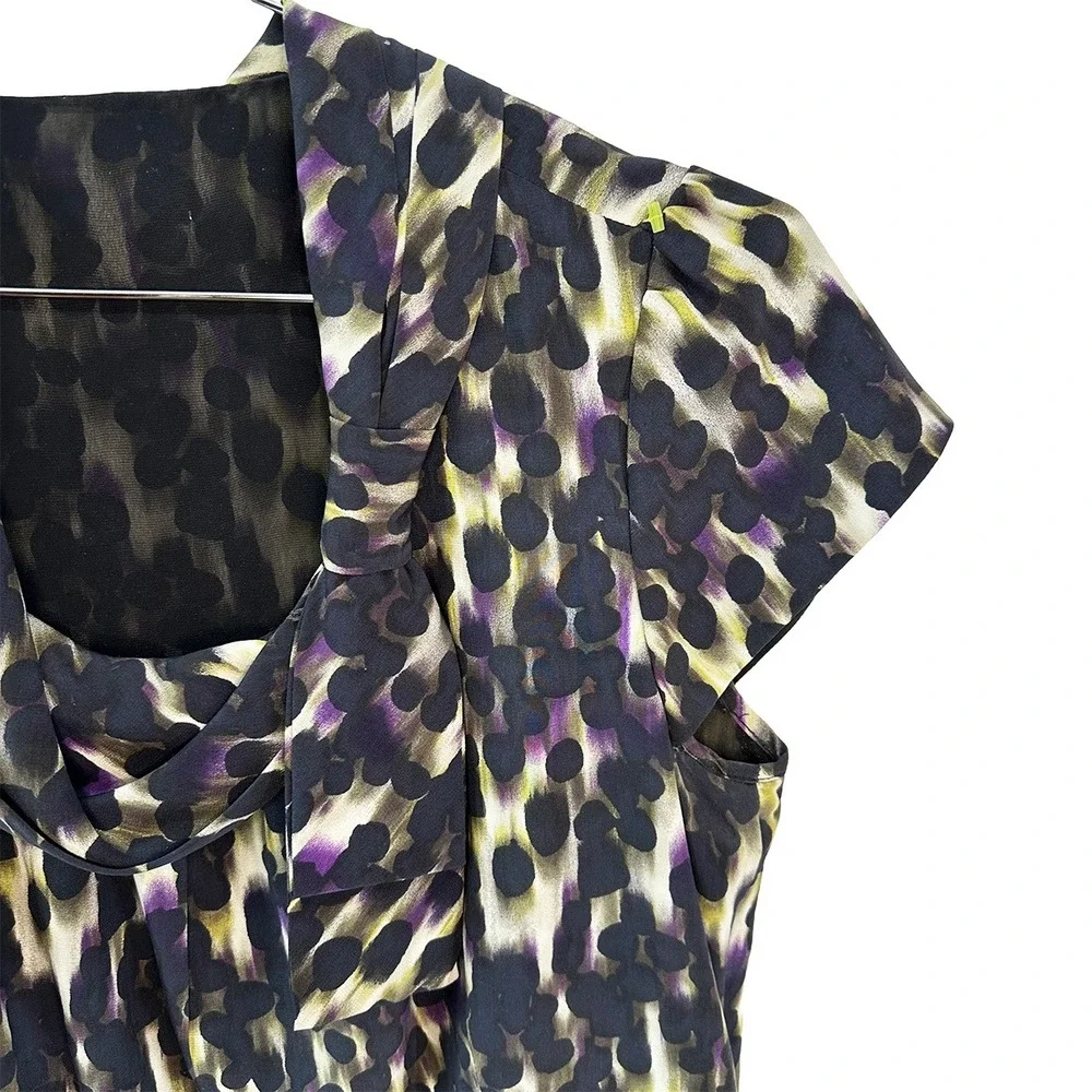 100% Silk Short Sleeve Cowl Neck Blouse • Small • black, purple, green‎ print